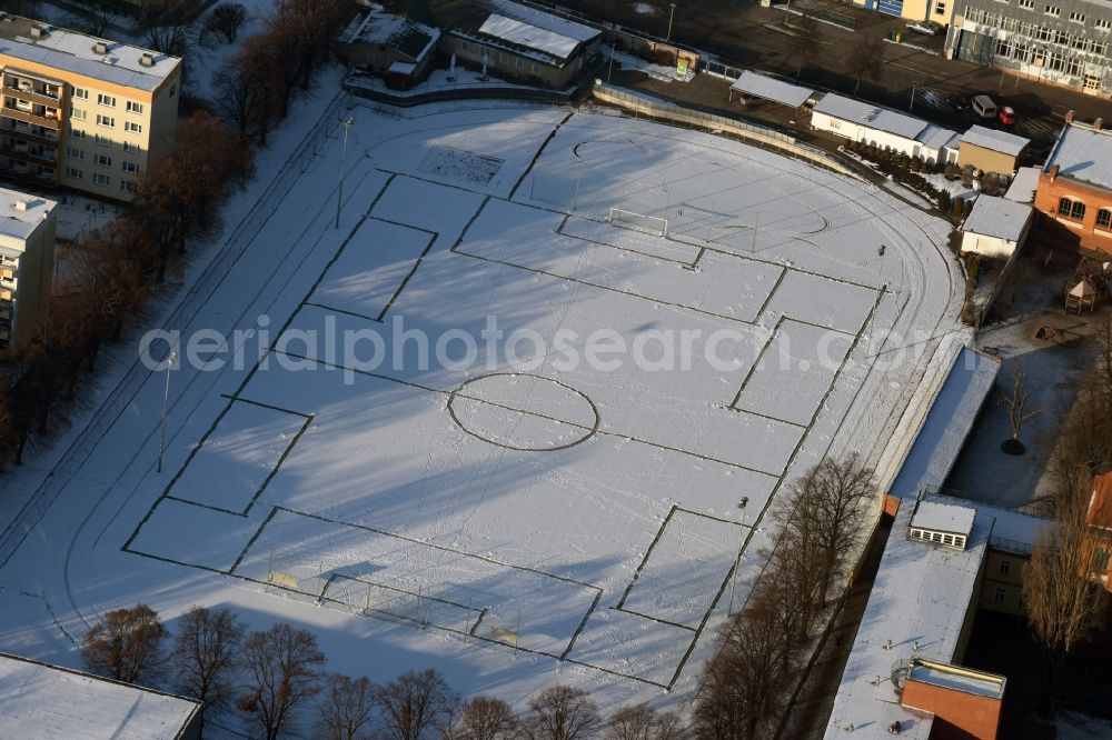 Magdeburg from above - Football stadium of the football club Post SV on Spielhagenstrasse in Magdeburg in the state Saxony-Anhalt