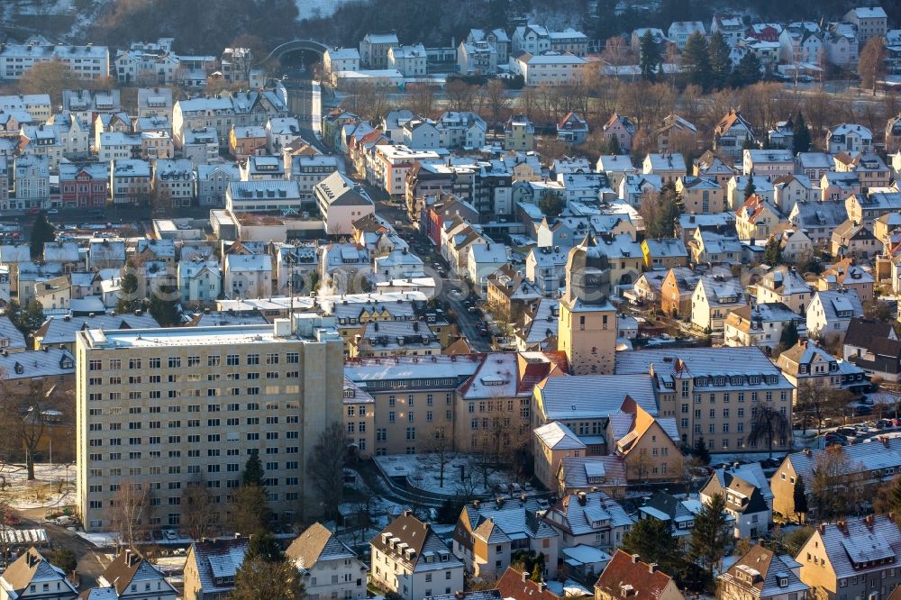 Arnsberg from above - Snow- covered building of the district government and regional council in Arnsberg in North Rhine-Westphalia