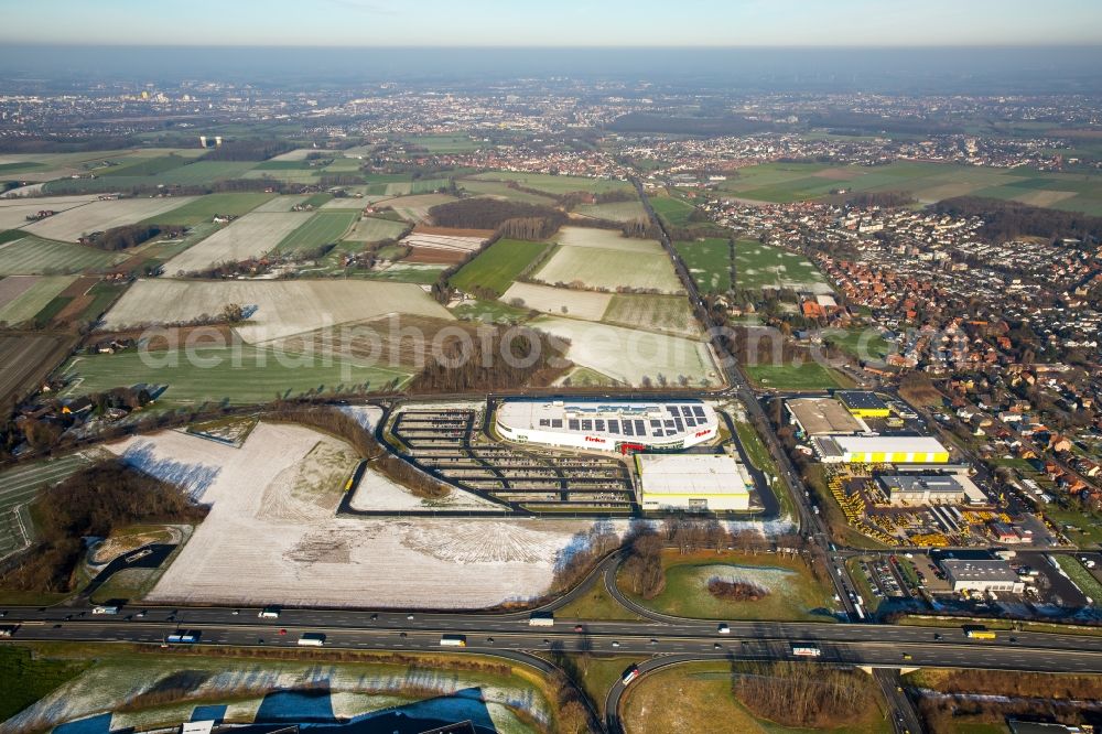 Aerial image Hamm - Wintry snowy building of the store - furniture market finke Das Erlebnis-Einrichten GmbH & Co. KG in Hamm in the state North Rhine-Westphalia