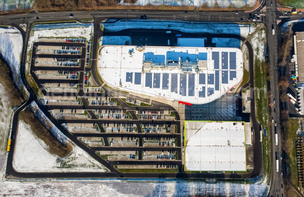 Aerial image Hamm - Wintry snowy building of the store - furniture market finke Das Erlebnis-Einrichten GmbH & Co. KG in Hamm in the state North Rhine-Westphalia