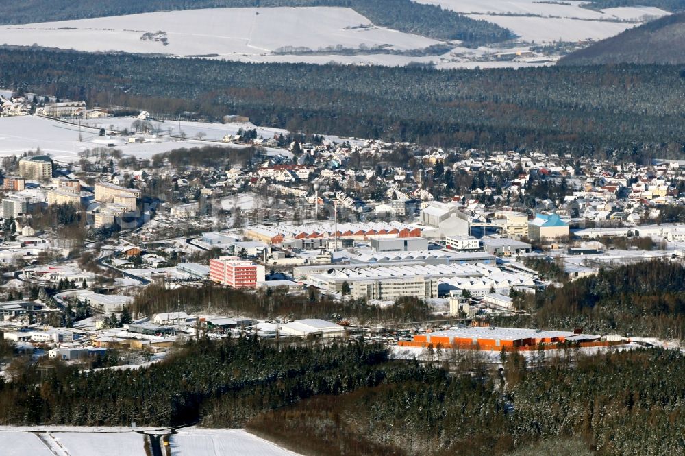 Aerial image Ilmenau - Wintry snowy industrial and commercial area in Ilmenau in the state Thuringia