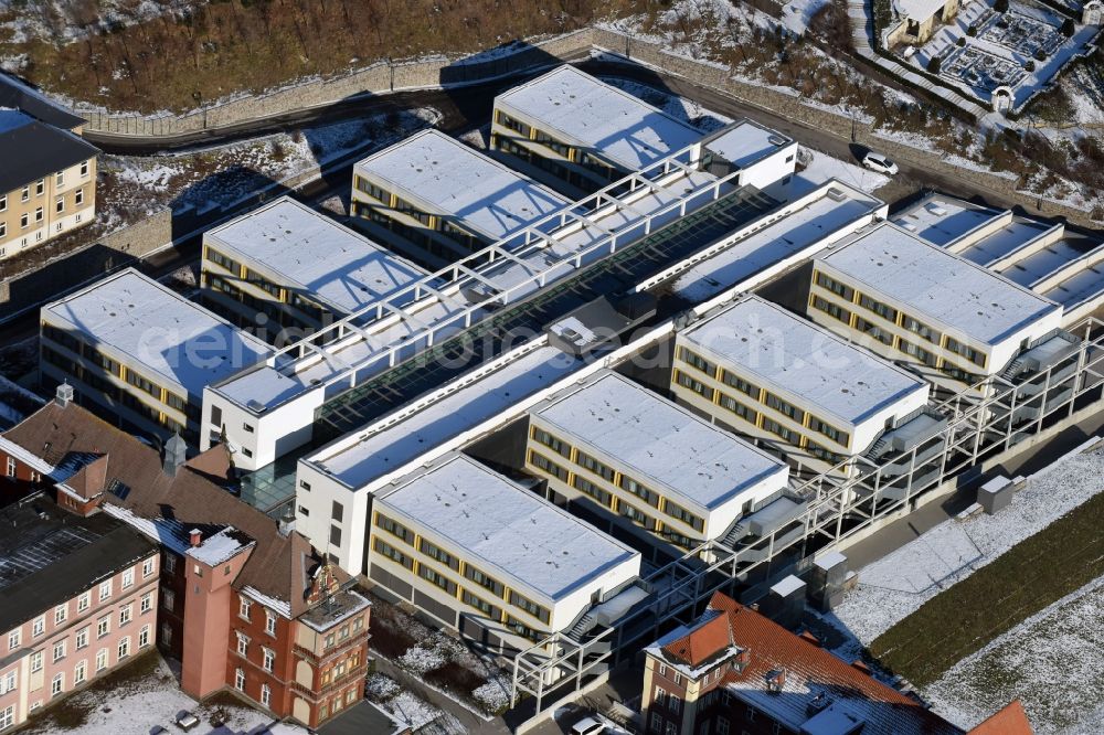 Aerial image Brandenburg an der Havel - Winterly snowy clinic on the hospital grounds Staedtisches Klinikum in Brandenburg an der Havel in the state Brandenburg