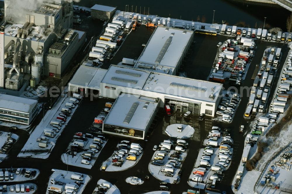 Berlin from above - Winterly snowy Commercial-Vehicle Center building Mercedes-Benz Berlin in Berlin in Germany