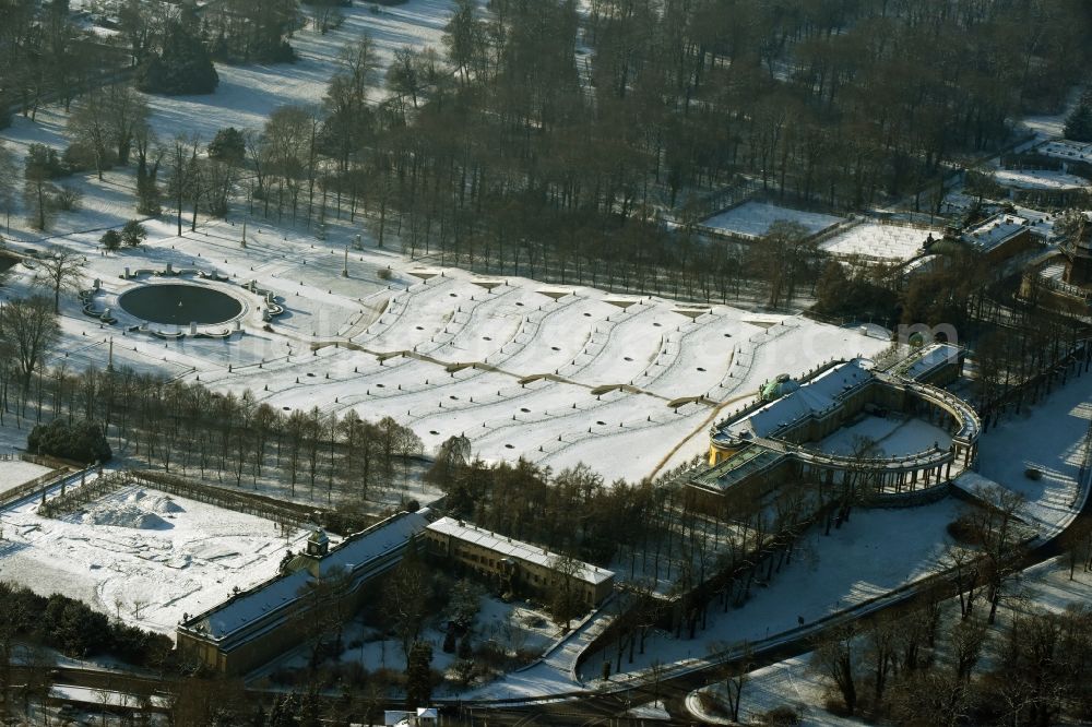 Potsdam from above - Wintry snowy Castle Sanssouci in Potsdam in Brandenburg