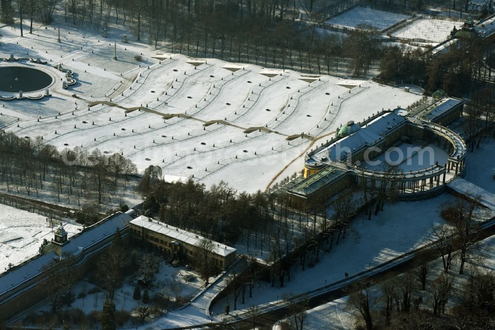 Potsdam from the bird's eye view: Wintry snowy Castle Sanssouci in Potsdam in Brandenburg