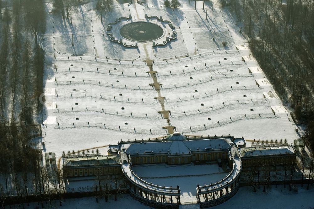 Aerial image Potsdam - Wintry snowy Castle Sanssouci in Potsdam in Brandenburg