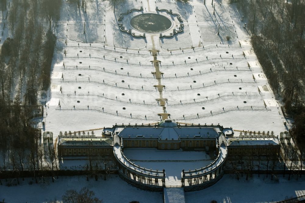 Aerial photograph Potsdam - Wintry snowy Castle Sanssouci in Potsdam in Brandenburg