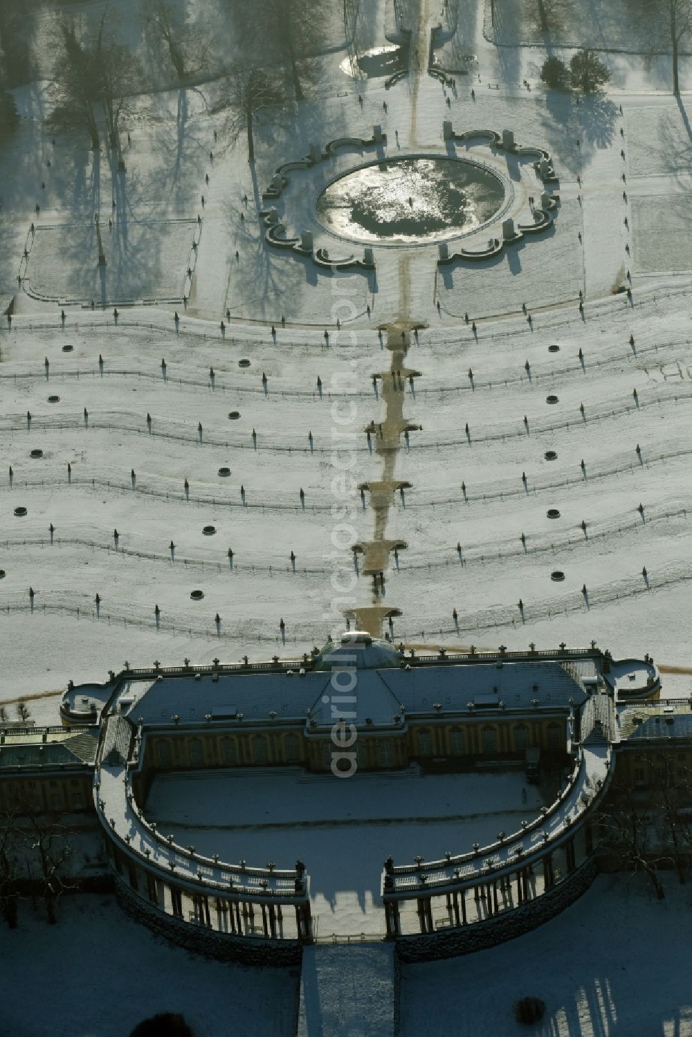 Potsdam from above - Wintry snowy Castle Sanssouci in Potsdam in Brandenburg