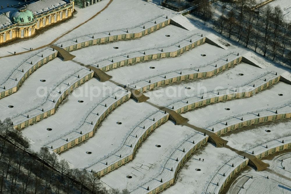 Potsdam from the bird's eye view: Wintry snowy Castle Sanssouci in Potsdam in Brandenburg