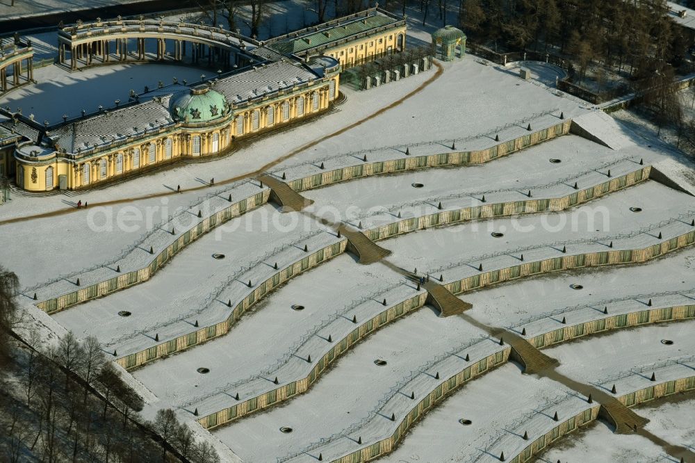 Aerial image Potsdam - Wintry snowy Castle Sanssouci in Potsdam in Brandenburg