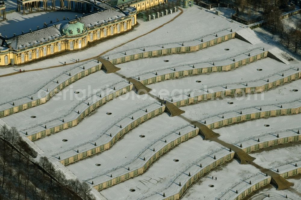 Aerial photograph Potsdam - Wintry snowy Castle Sanssouci in Potsdam in Brandenburg