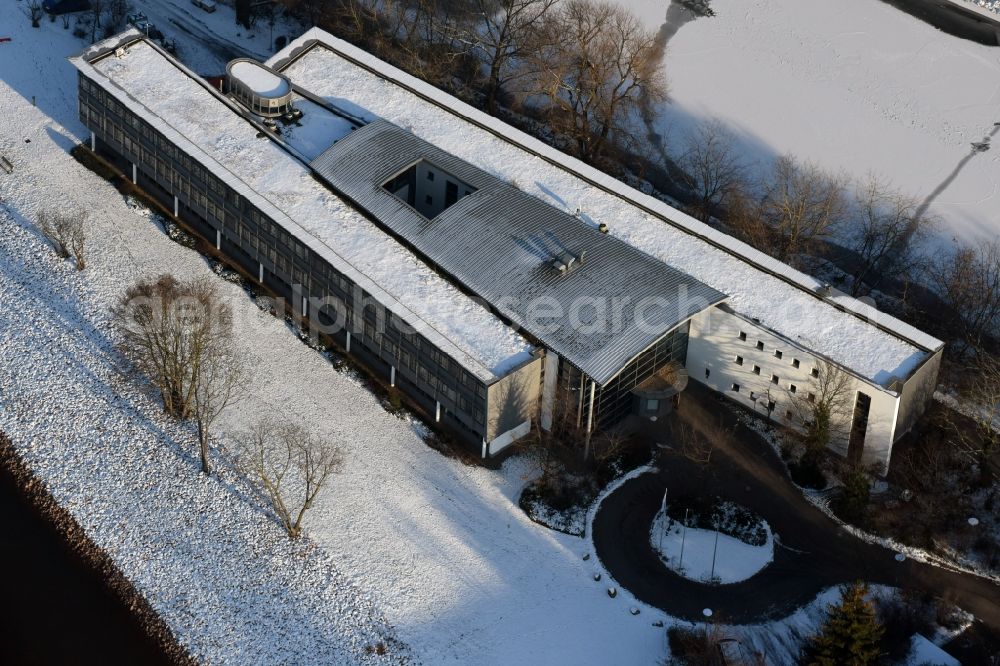 Aerial image Magdeburg - Wintry snowy administrative building of the State Authority WSNBA Wasserstrassen-Neubauamt am Kleiner Werder in Magdeburg in the state Saxony-Anhalt