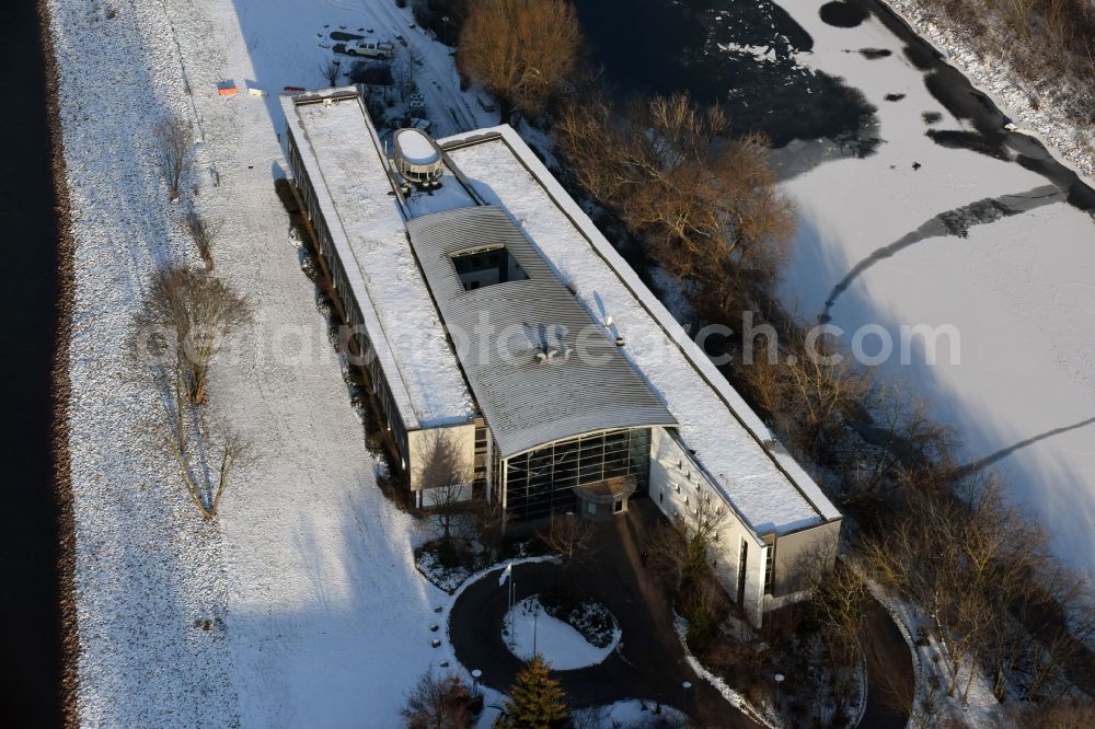 Magdeburg from the bird's eye view: Wintry snowy administrative building of the State Authority WSNBA Wasserstrassen-Neubauamt am Kleiner Werder in Magdeburg in the state Saxony-Anhalt