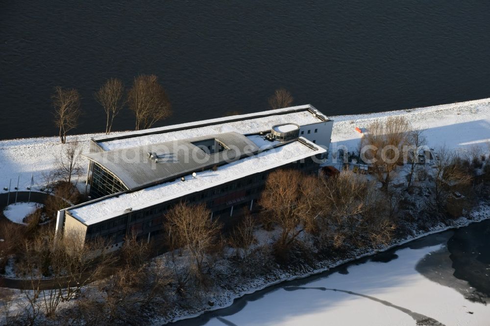 Magdeburg from above - Wintry snowy administrative building of the State Authority WSNBA Wasserstrassen-Neubauamt am Kleiner Werder in Magdeburg in the state Saxony-Anhalt