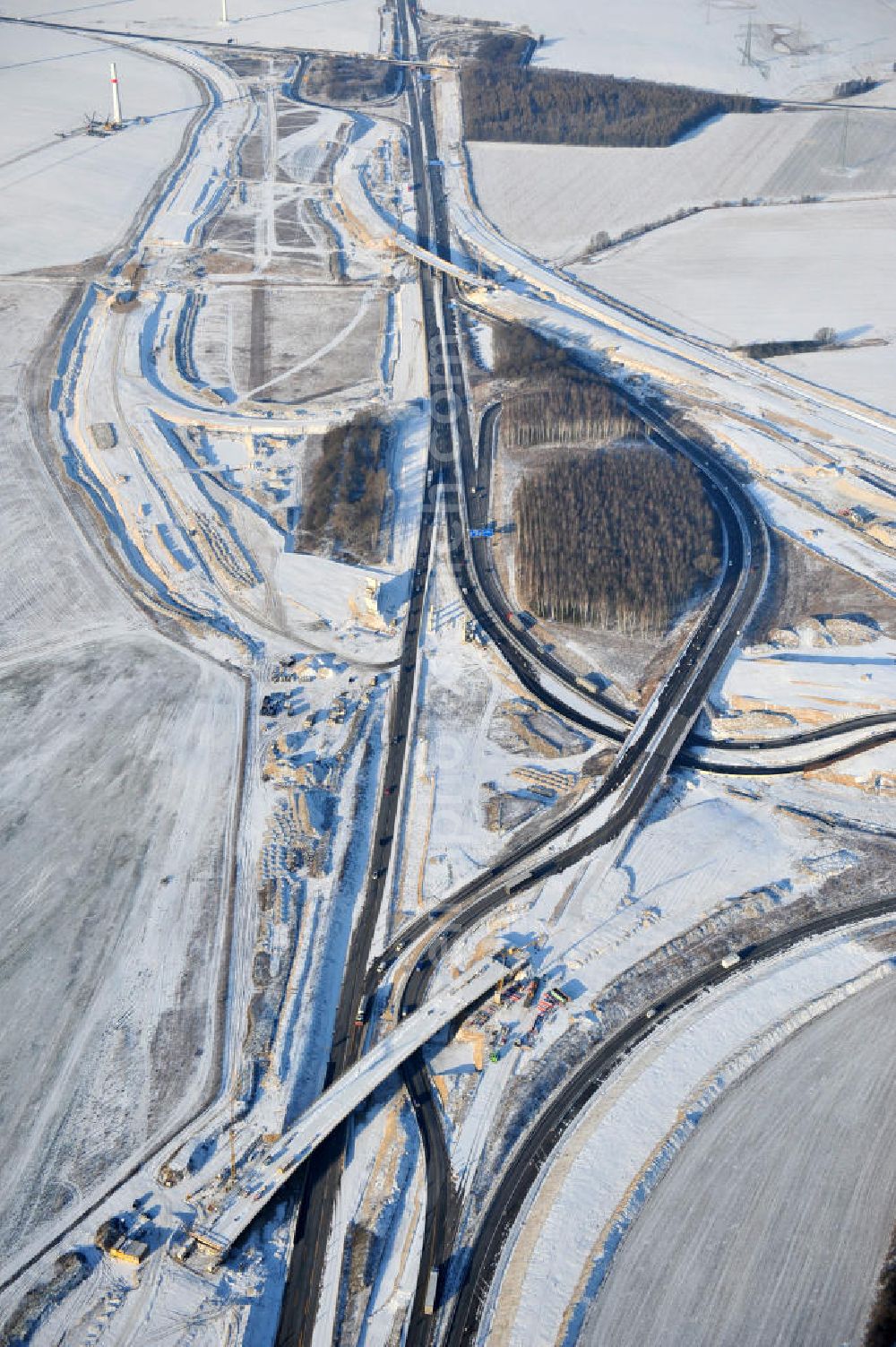 SCHWANEBECK from above - View of the construction site at the highway triangle Kreuz Barnim by snow