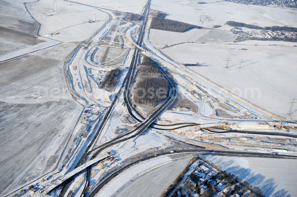 SCHWANEBECK from the bird's eye view: View of the construction site at the highway triangle Kreuz Barnim by snow