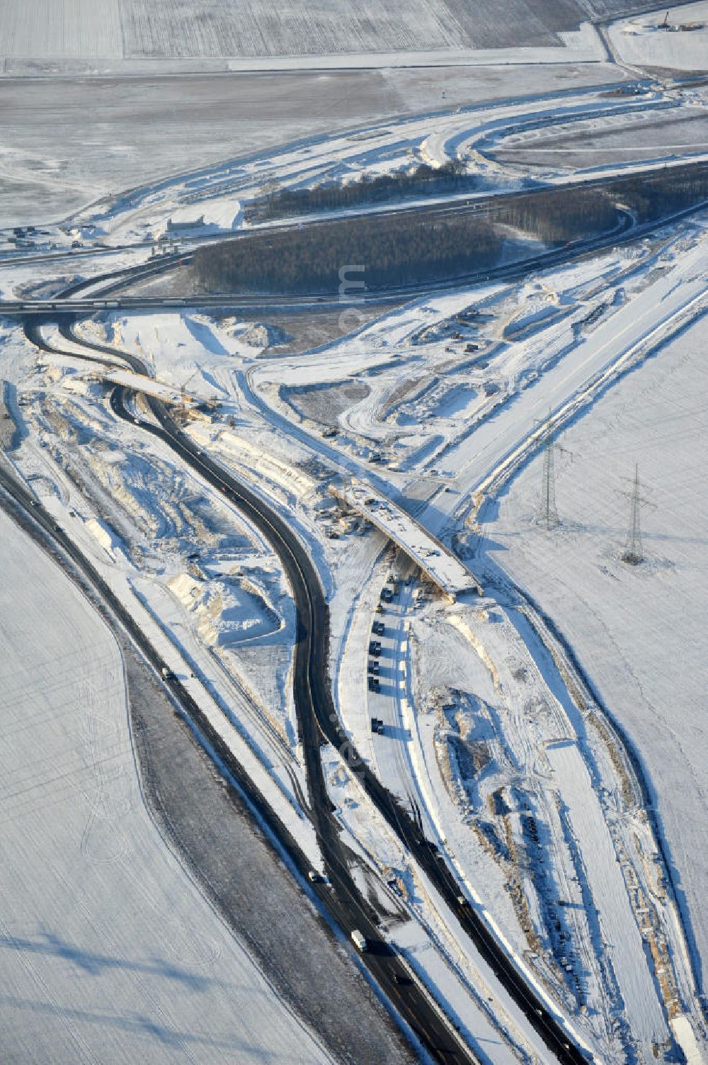 SCHWANEBECK from above - View of the construction site at the highway triangle Kreuz Barnim by snow