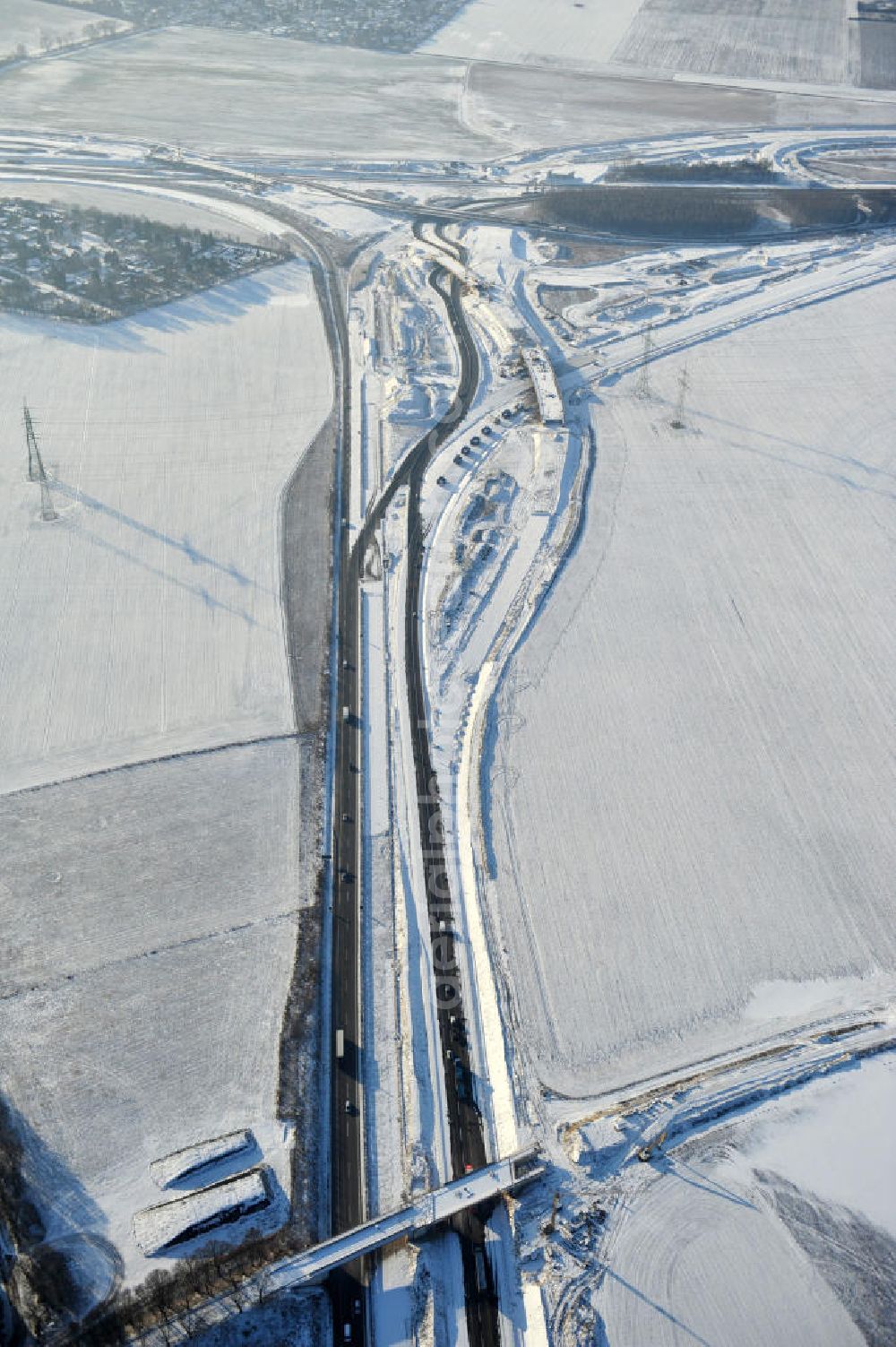 SCHWANEBECK from the bird's eye view: View of the construction site at the highway triangle Kreuz Barnim by snow