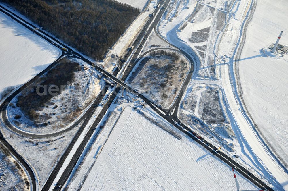 Aerial photograph SCHWANEBECK - View of the construction site at the highway triangle Kreuz Barnim by snow