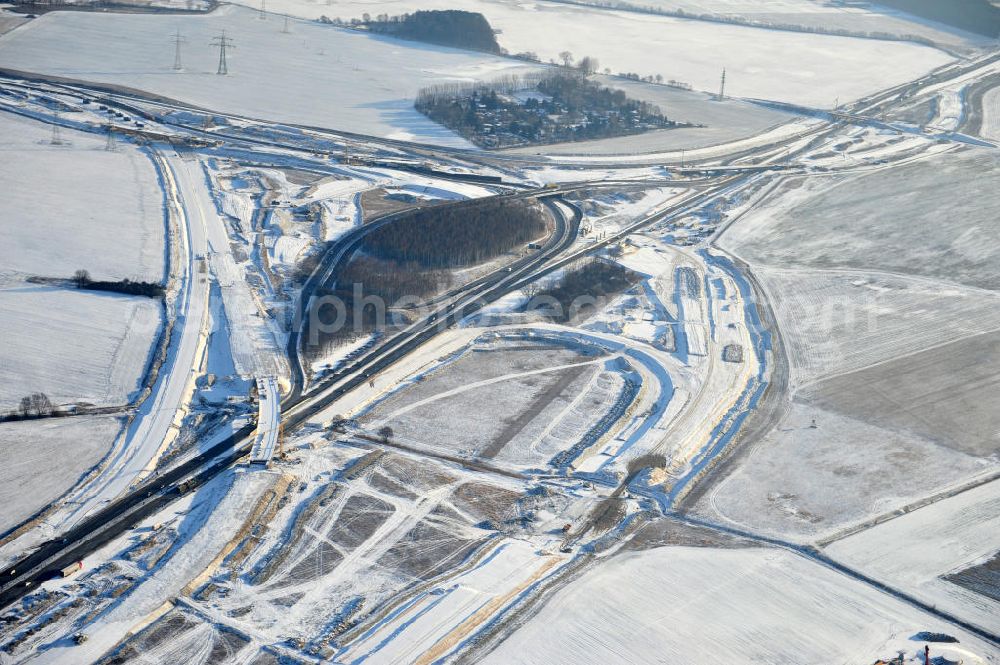 SCHWANEBECK from above - View of the construction site at the highway triangle Kreuz Barnim by snow