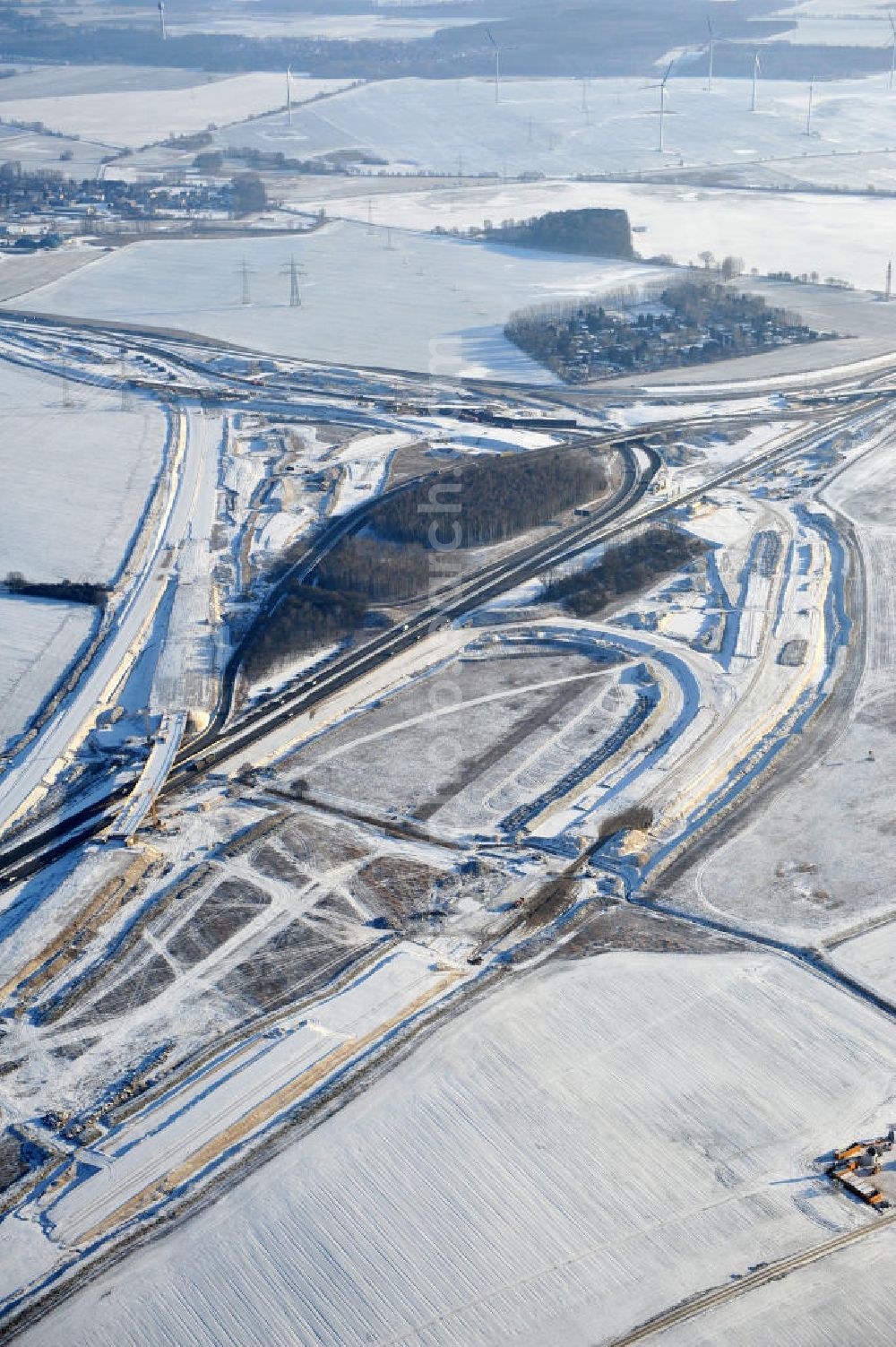 SCHWANEBECK from the bird's eye view: View of the construction site at the highway triangle Kreuz Barnim by snow