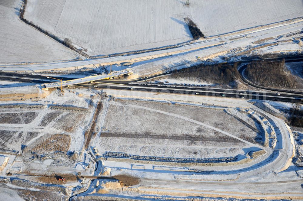 SCHWANEBECK from above - View of the construction site at the highway triangle Kreuz Barnim by snow