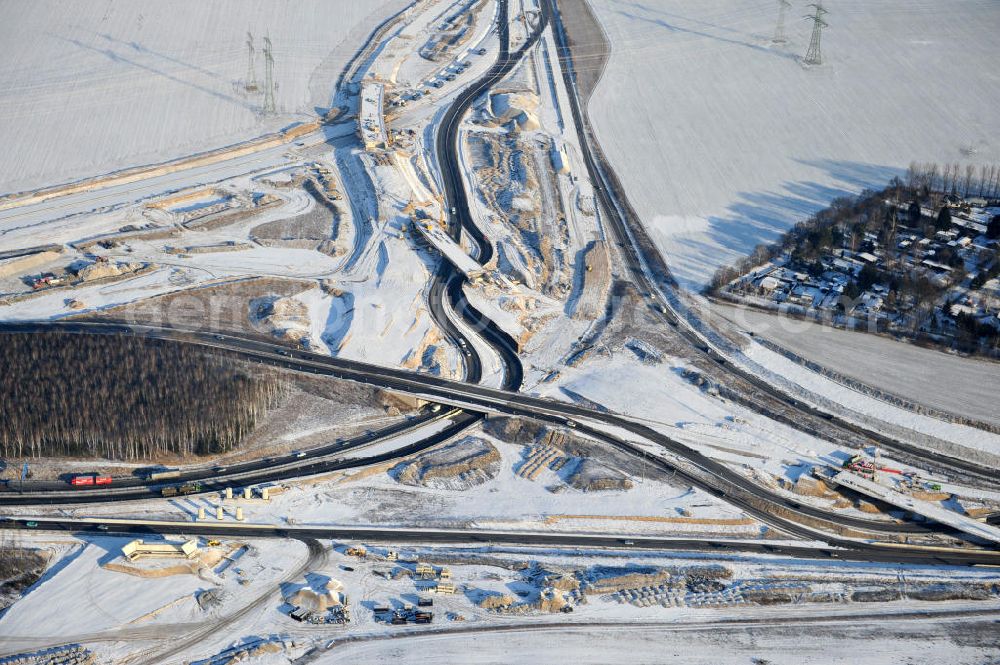 SCHWANEBECK from the bird's eye view: View of the construction site at the highway triangle Kreuz Barnim by snow