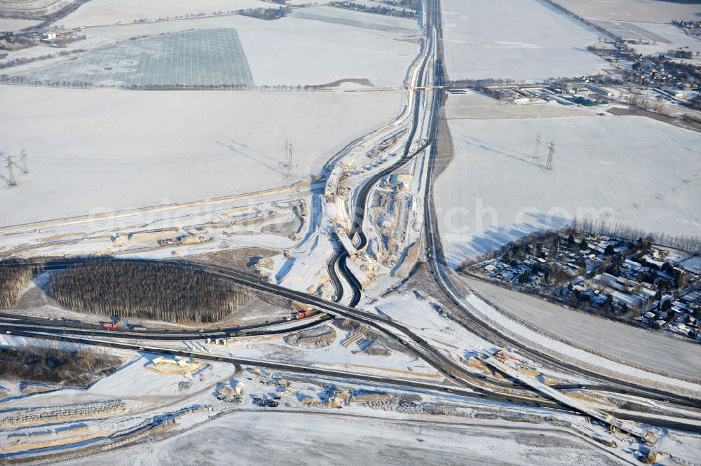 Aerial photograph SCHWANEBECK - View of the construction site at the highway triangle Kreuz Barnim by snow