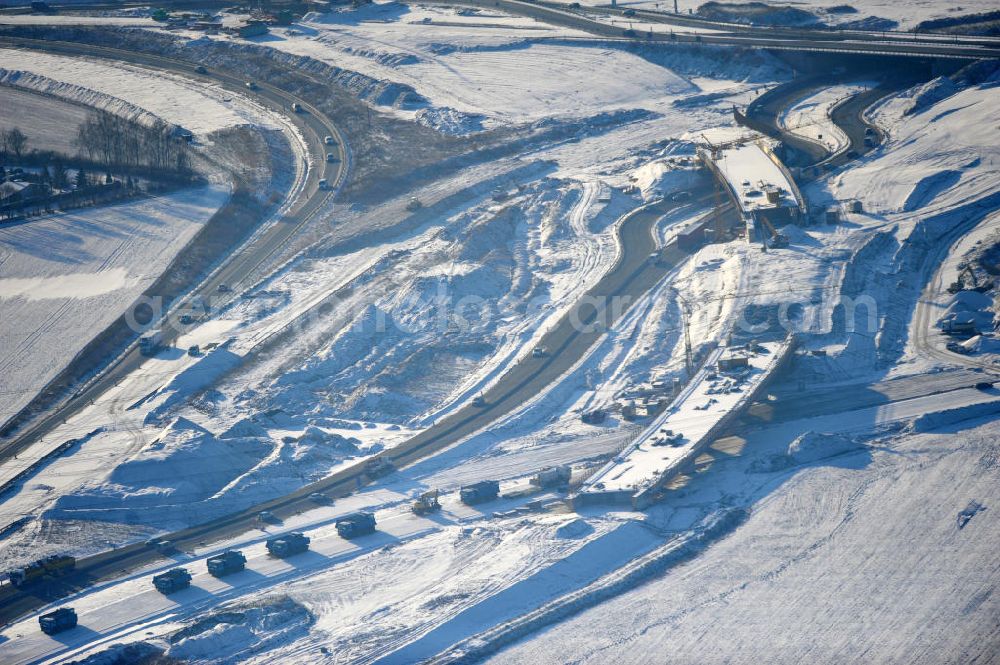 SCHWANEBECK from above - View of the construction site at the highway triangle Kreuz Barnim by snow