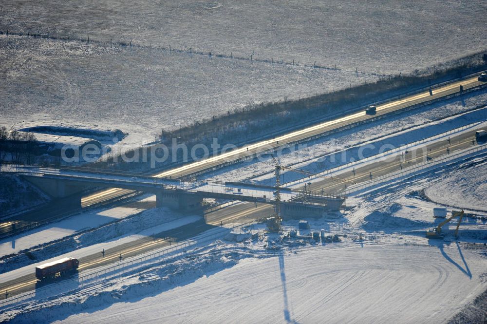 SCHWANEBECK from the bird's eye view: View of the construction site at the highway triangle Kreuz Barnim by snow