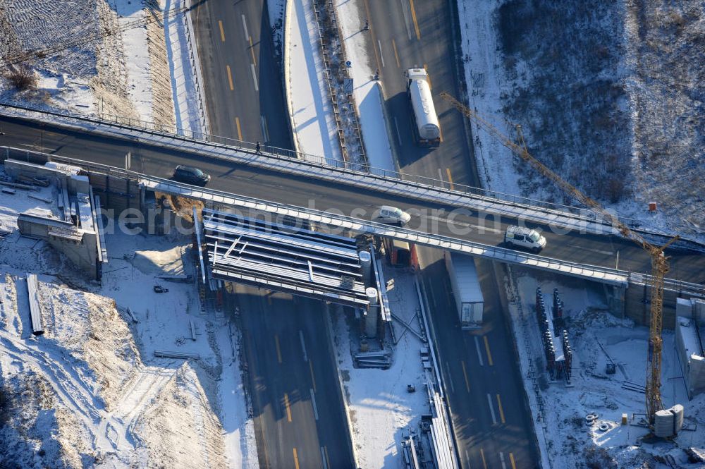 SCHWANEBECK from the bird's eye view: View of the construction site at the highway triangle Kreuz Barnim by snow