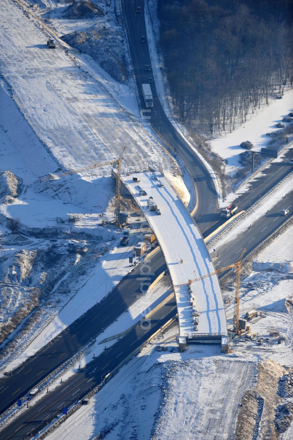 Aerial photograph SCHWANEBECK - View of the construction site at the highway triangle Kreuz Barnim by snow