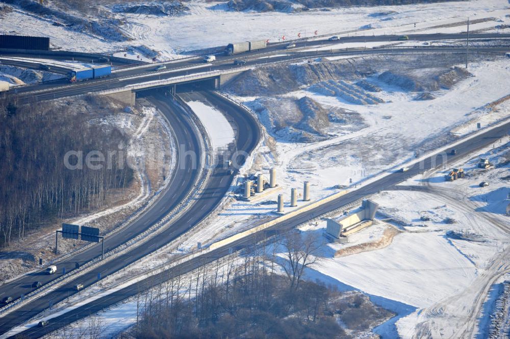 SCHWANEBECK from above - View of the construction site at the highway triangle Kreuz Barnim by snow