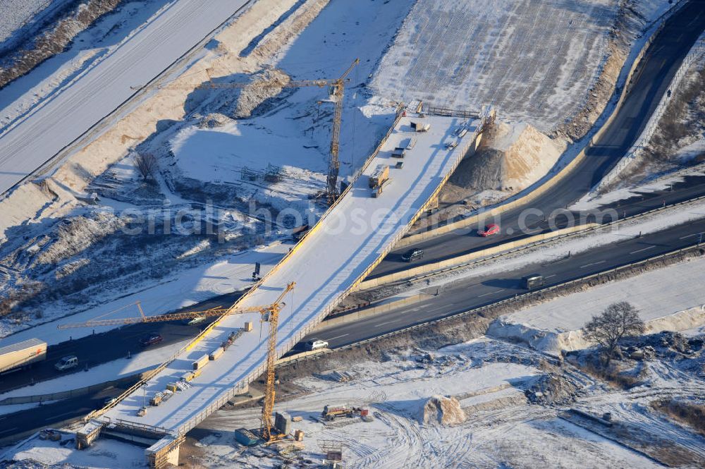 SCHWANEBECK from the bird's eye view: View of the construction site at the highway triangle Kreuz Barnim by snow