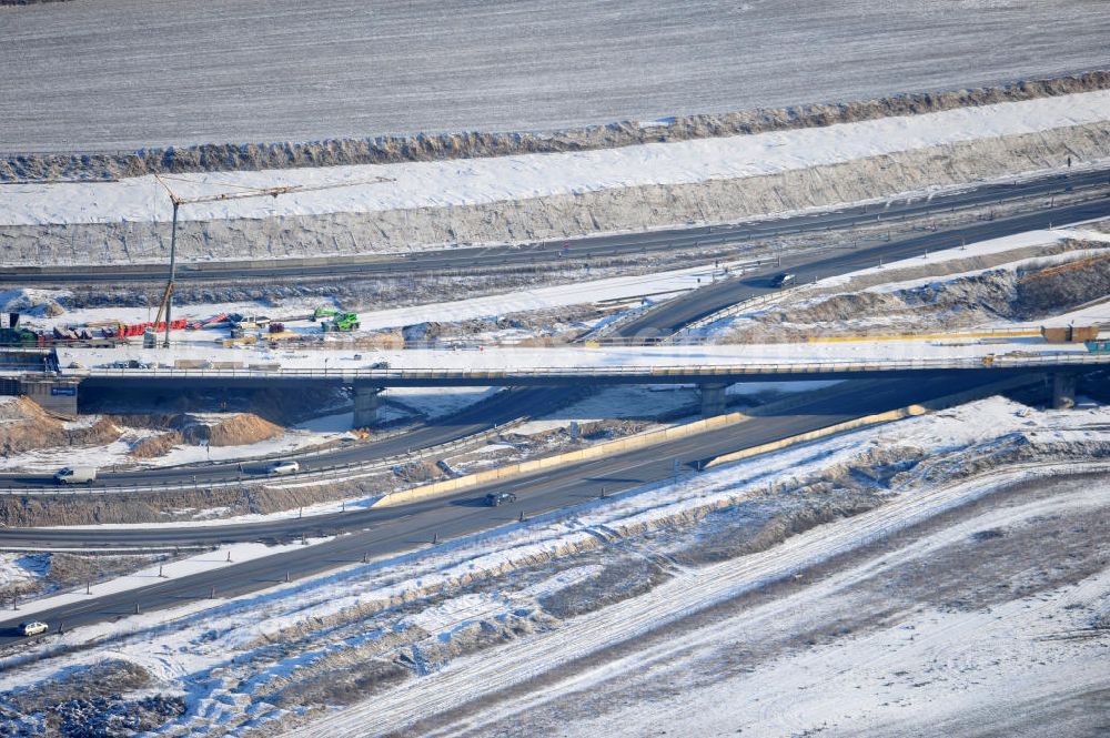 SCHWANEBECK from above - View of the construction site at the highway triangle Kreuz Barnim by snow