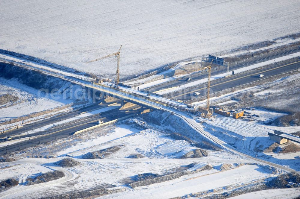 SCHWANEBECK from the bird's eye view: View of the construction site at the highway triangle Kreuz Barnim by snow