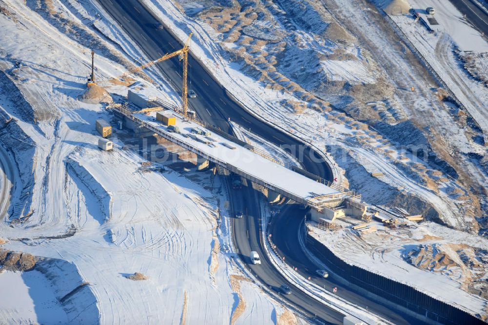 SCHWANEBECK from above - View of the construction site at the highway triangle Kreuz Barnim by snow