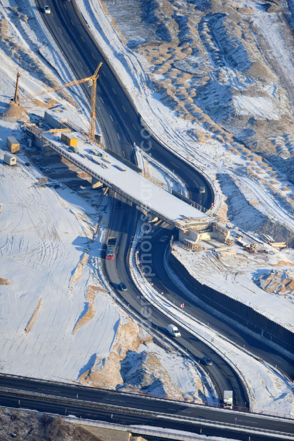 SCHWANEBECK from the bird's eye view: View of the construction site at the highway triangle Kreuz Barnim by snow