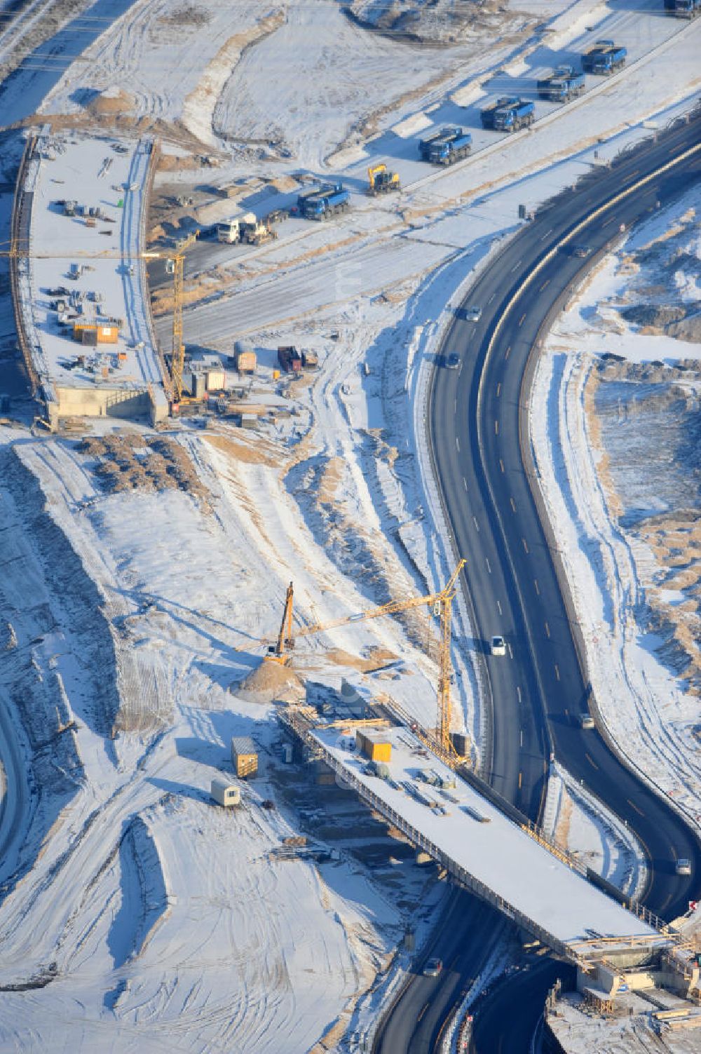 Aerial image SCHWANEBECK - View of the construction site at the highway triangle Kreuz Barnim by snow