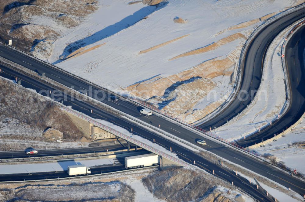 SCHWANEBECK from above - View of the construction site at the highway triangle Kreuz Barnim by snow