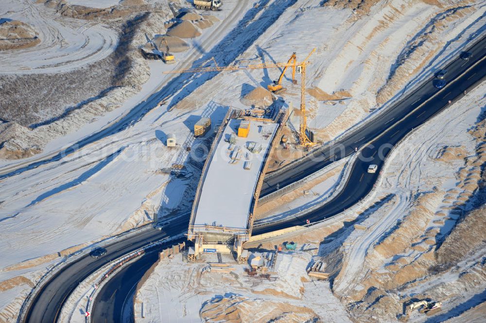 SCHWANEBECK from the bird's eye view: View of the construction site at the highway triangle Kreuz Barnim by snow