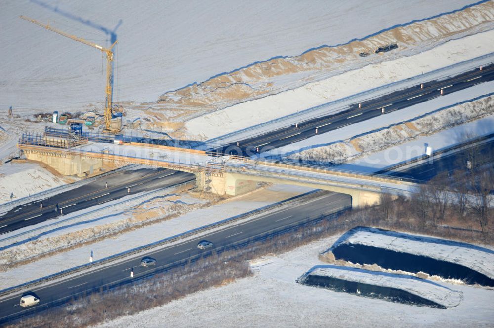 SCHWANEBECK from above - View of the construction site at the highway triangle Kreuz Barnim by snow