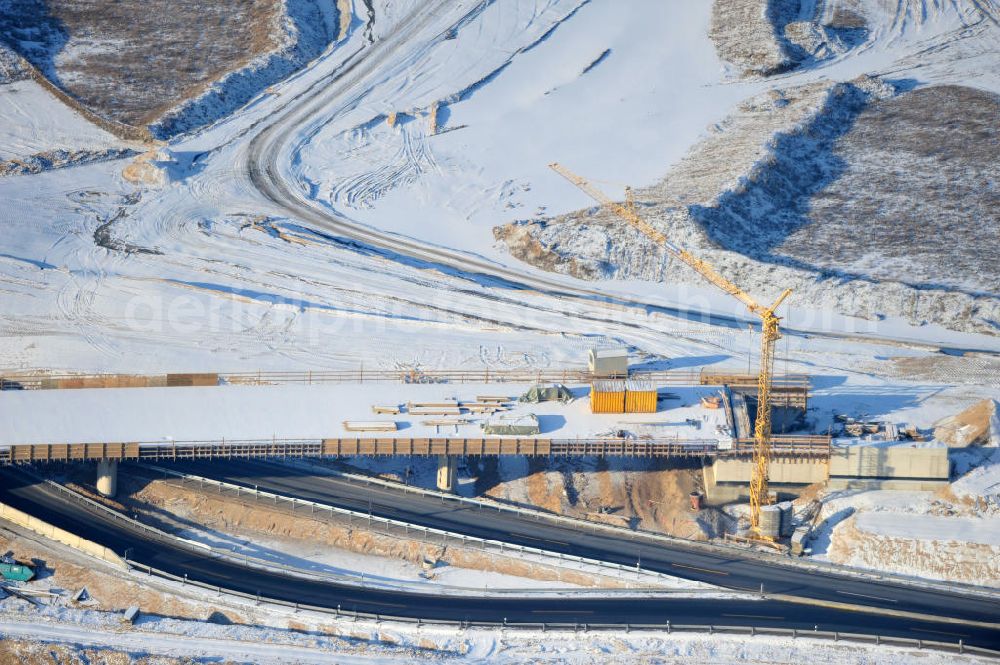 SCHWANEBECK from the bird's eye view: View of the construction site at the highway triangle Kreuz Barnim by snow