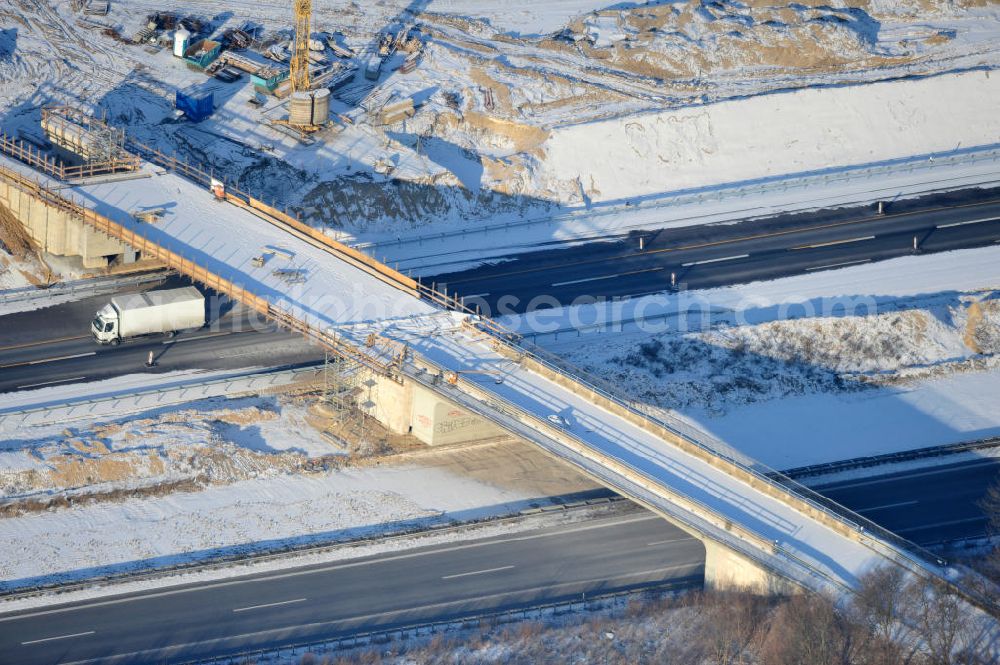 SCHWANEBECK from above - View of the construction site at the highway triangle Kreuz Barnim by snow