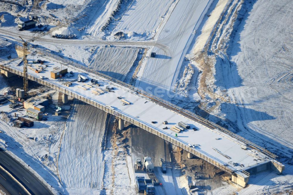 SCHWANEBECK from the bird's eye view: View of the construction site at the highway triangle Kreuz Barnim by snow