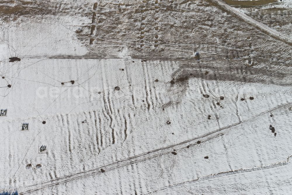 Arnstadt from the bird's eye view: View of winterly snowy fields near Arnstadt in the state Thuringia