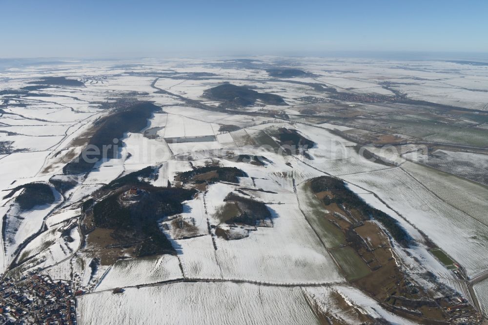 Amt Wachsenburg from above - View of a snowy wintry landscape near Amt Wachsenburg in the state Thuringia