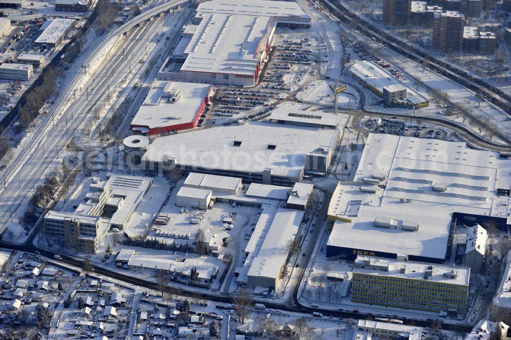 Aerial image Berlin - Winterlich verschneiter IKEA-Neubau Berlin Spandau View of the IKEA store area in Berlin Spandau.