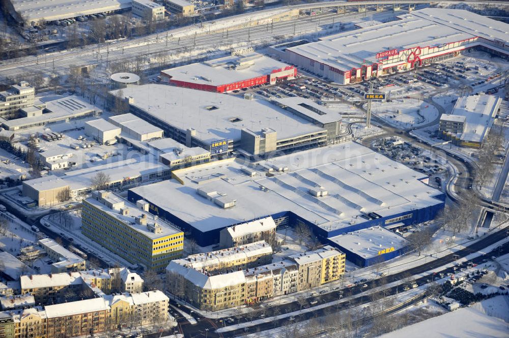 Berlin from above - Winterlich verschneiter IKEA-Neubau Berlin Spandau View of the IKEA store area in Berlin Spandau.