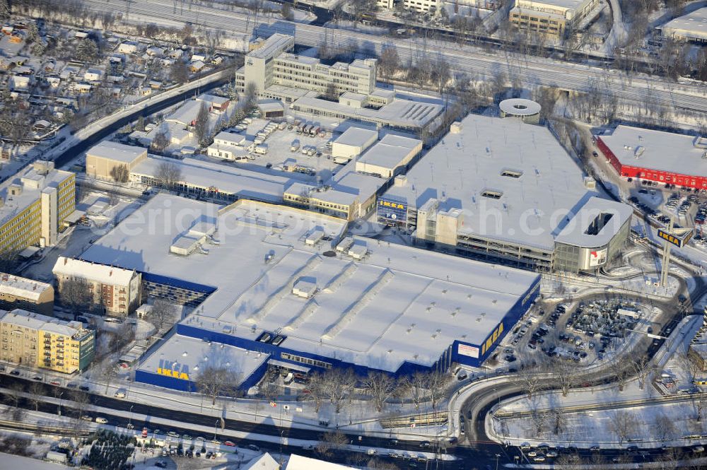 Aerial image Berlin - Winterlich verschneiter IKEA-Neubau Berlin Spandau View of the IKEA store area in Berlin Spandau.